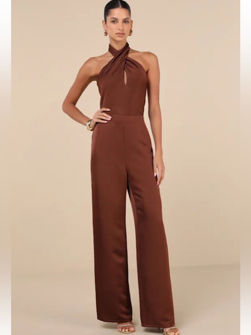 New Lulus Beyond Classy Twisted Halter Wide-Leg Jumpsuit Sz Medium